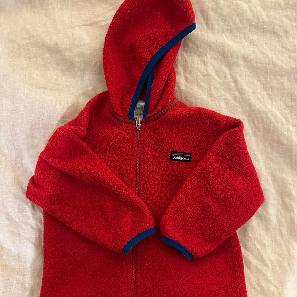 Patagonia Vibrant Red Fleece Jacket with Blue Accents